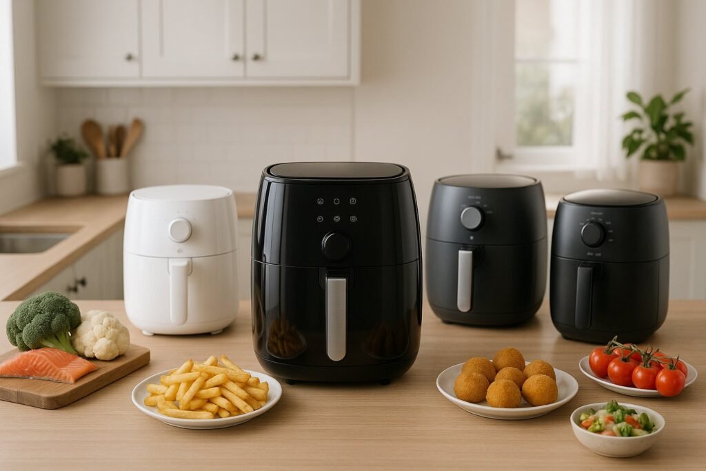 Karšto oro gruzdintuvė modernioje virtuvėje kaip pirkimo gido viršelio vaizdas