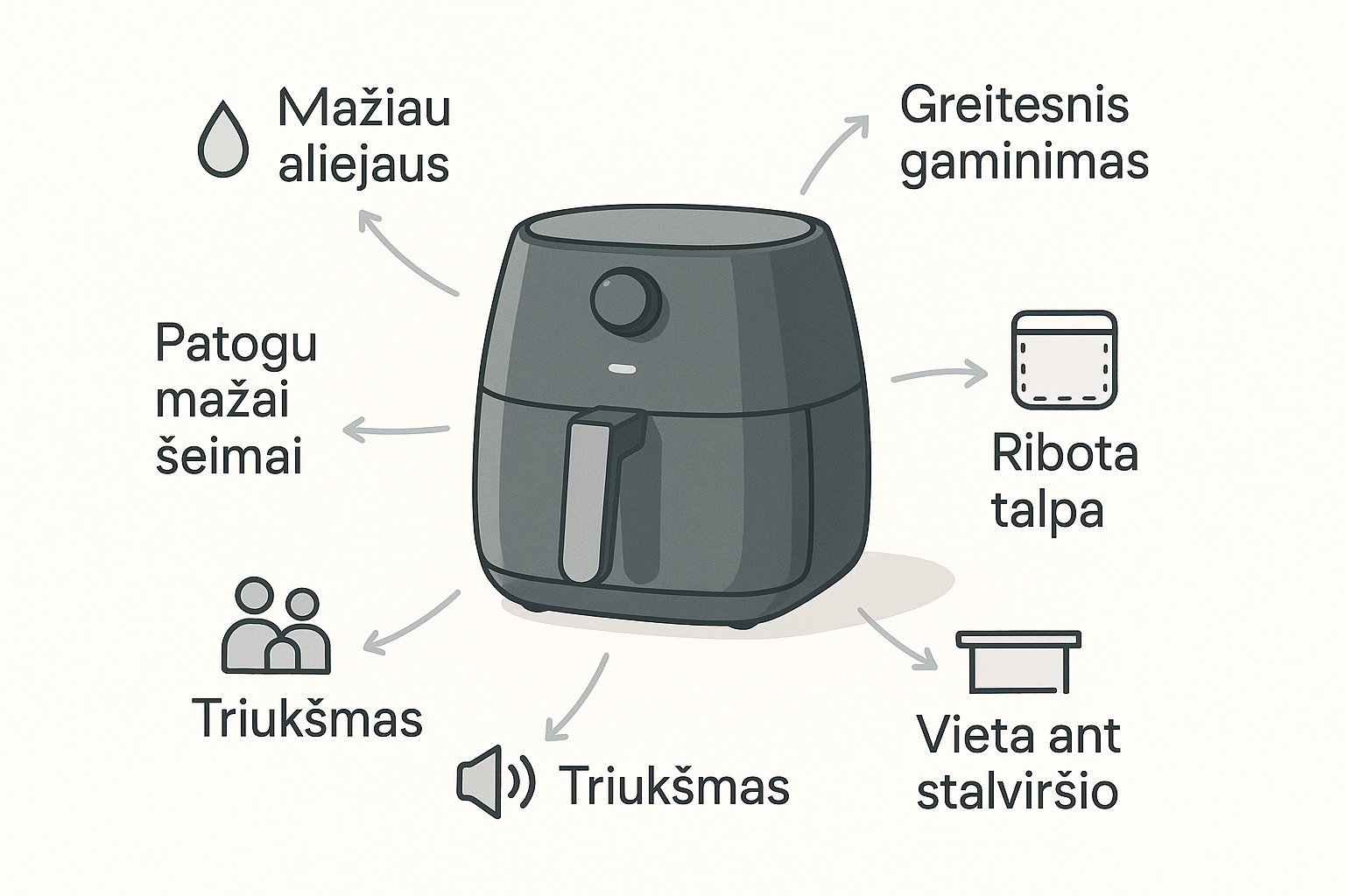 Infografika apie karšto oro gruzdintuvės veikimą, privalumus ir trūkumus.