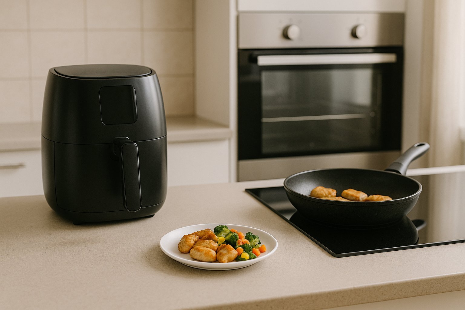 Karšto oro gruzdintuvės, orkaitės ir keptuvės palyginimas virtuvėje.