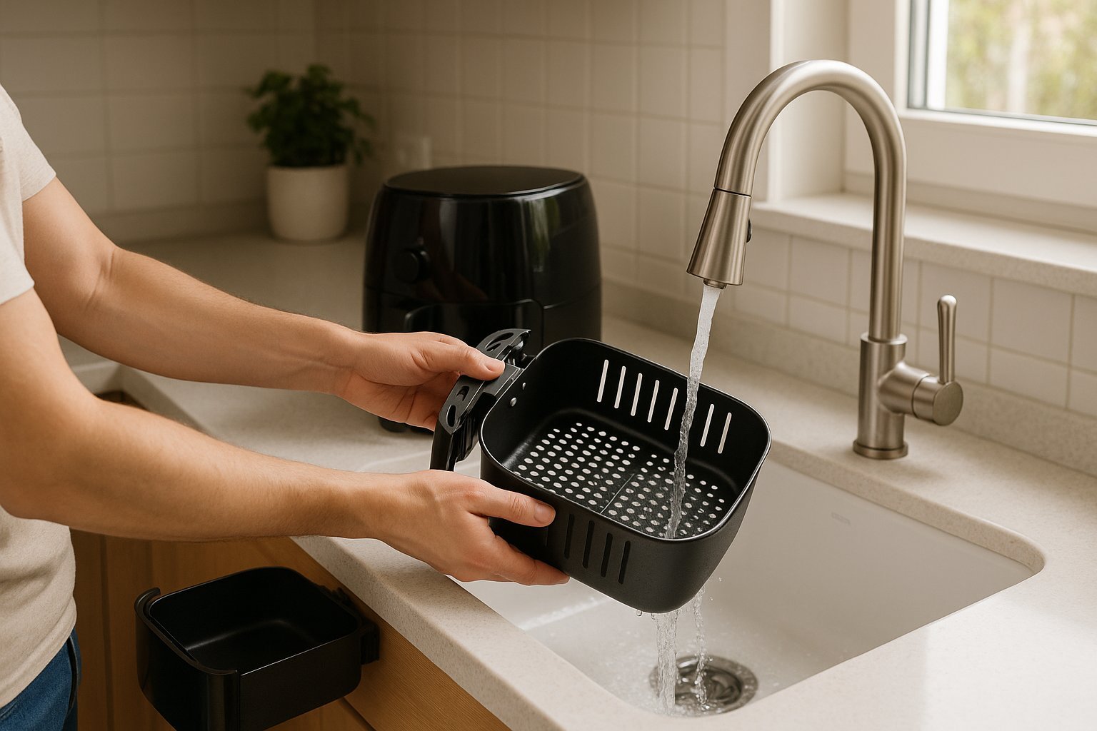 Karšto oro gruzdintuvės krepšelio valymas ir priežiūra virtuvėje.