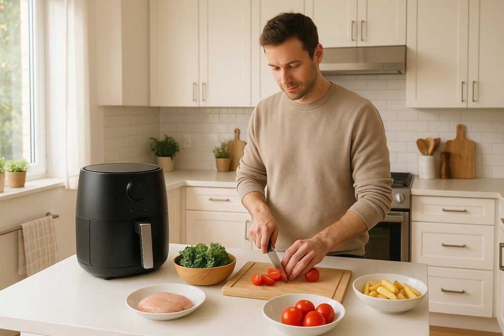 Šeimos virtuvėje naudojama karšto oro gruzdintuvė ant stalviršio.