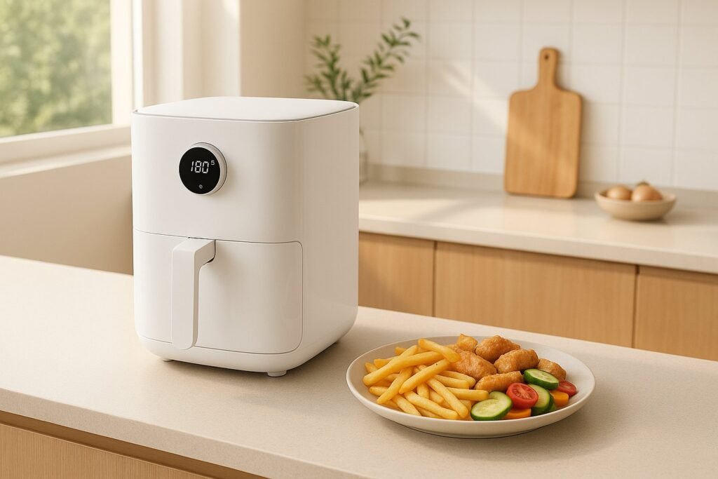 Xiaomi karšto oro gruzdintuvė šiuolaikiškoje virtuvėje su paruoštu maistu