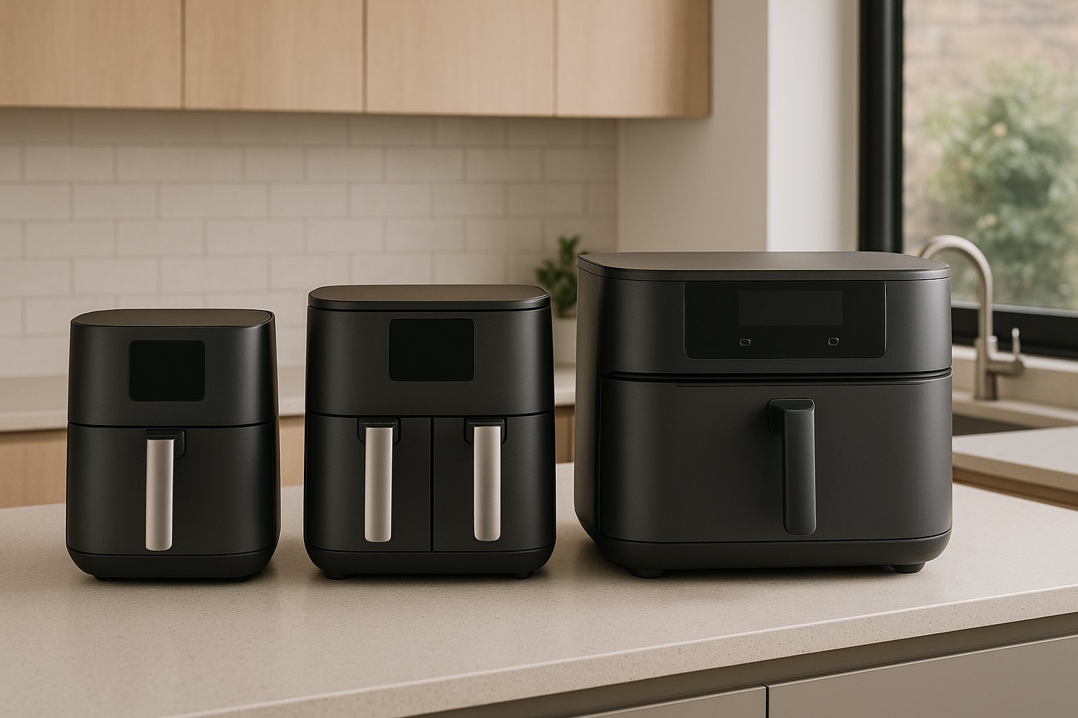 Vieno stalčiaus, dviejų stalčių ir FlexDrawer karšto oro gruzdintuvės palyginimas.