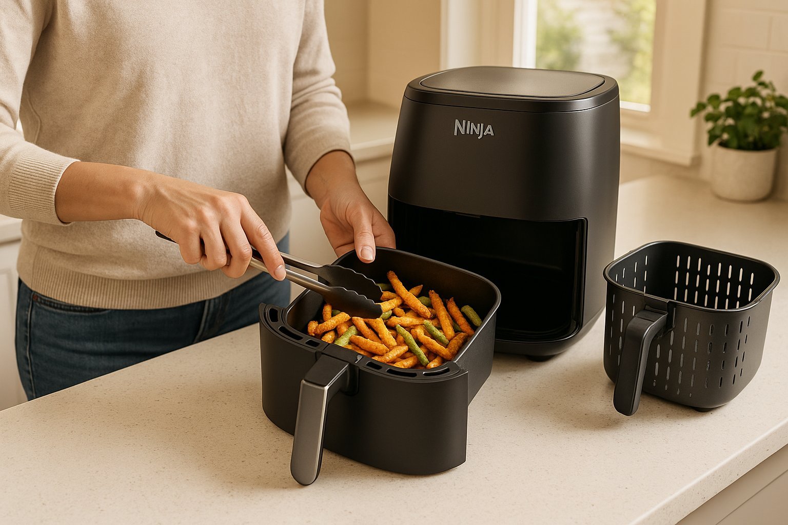 Kasdienis Ninja karšto oro gruzdintuvės naudojimas namų virtuvėje.