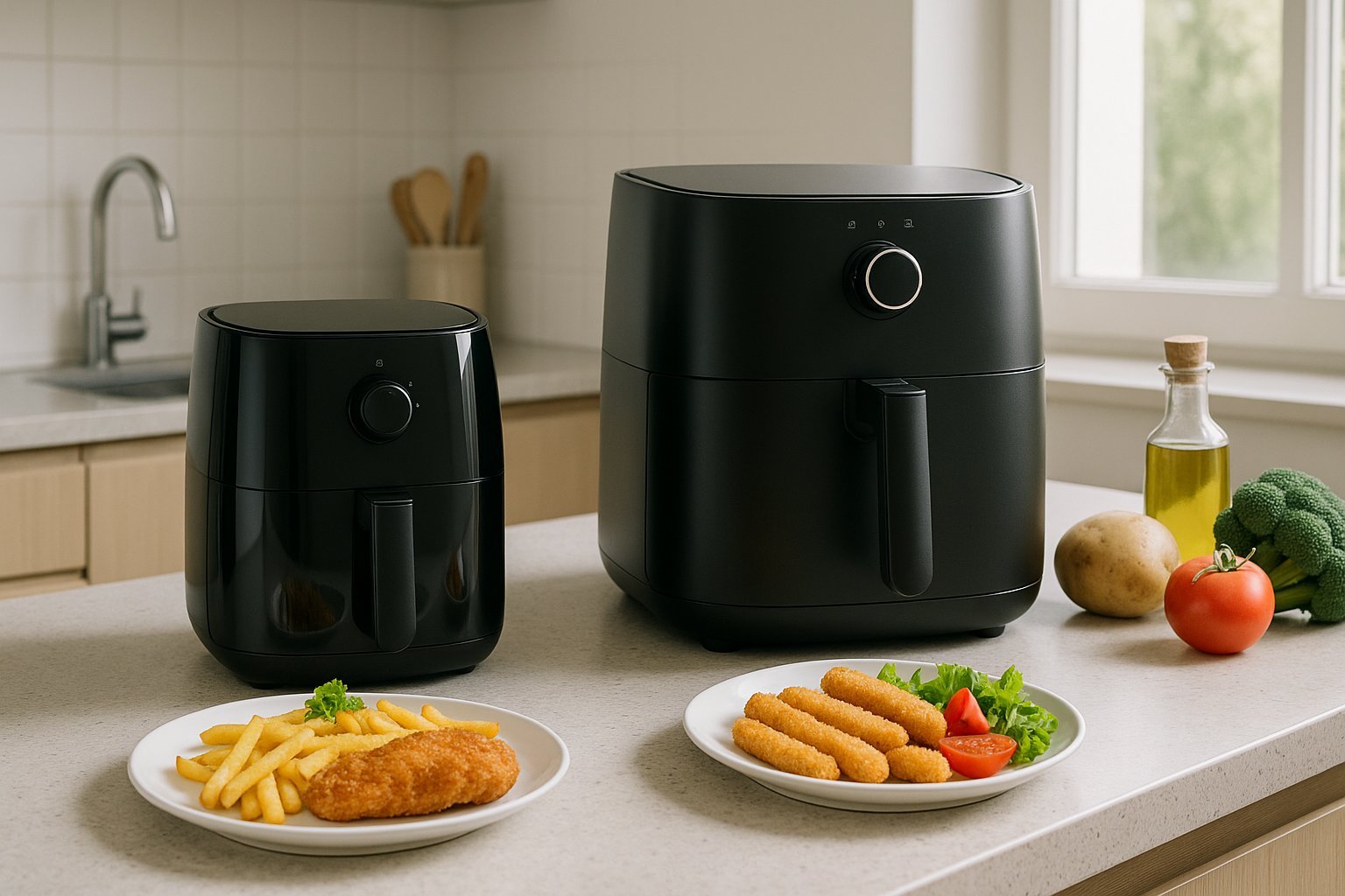 Dviejų skirtingų dydžių karšto oro gruzdintuvų palyginimas virtuvėje