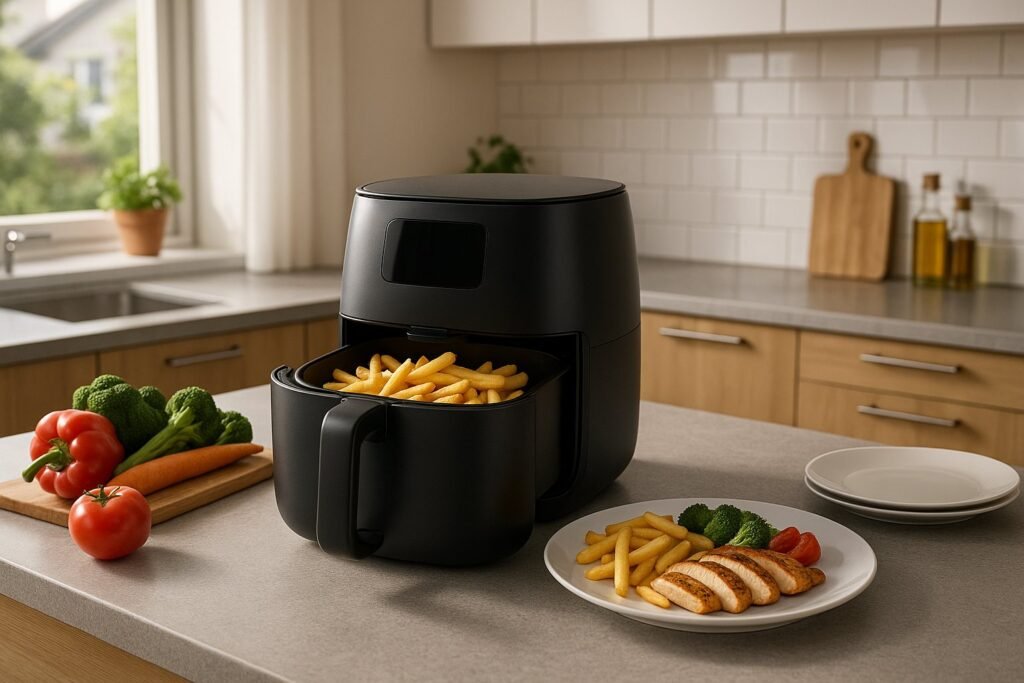 Moderni šeimos virtuvė su Philips stiliaus karšto oro gruzdintuve ant stalviršio