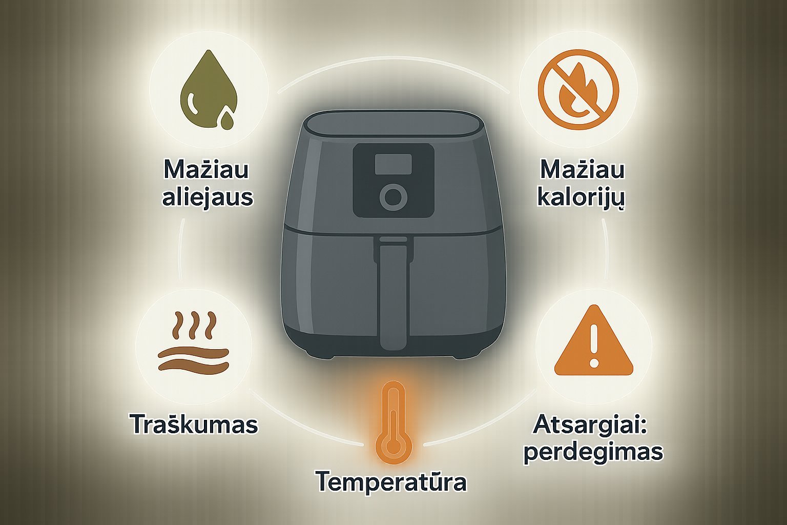 Infografika apie karšto oro gruzdintuvės veikimą ir sveikumo veiksnius