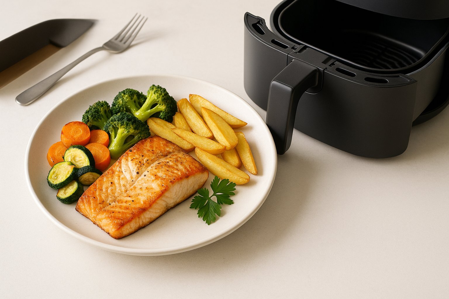 Sveikesnis patiekalas iš karšto oro gruzdintuvės su žuvimi ir daržovėmis