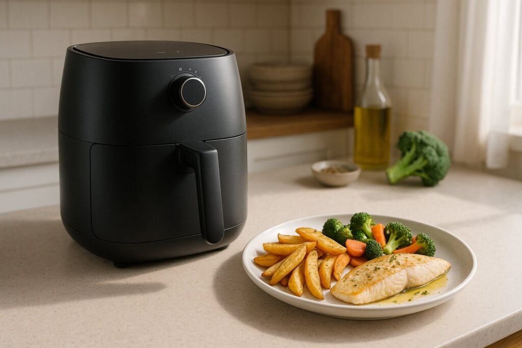 Karšto oro gruzdintuvė virtuvėje su sveikesniu patiekalu šalia