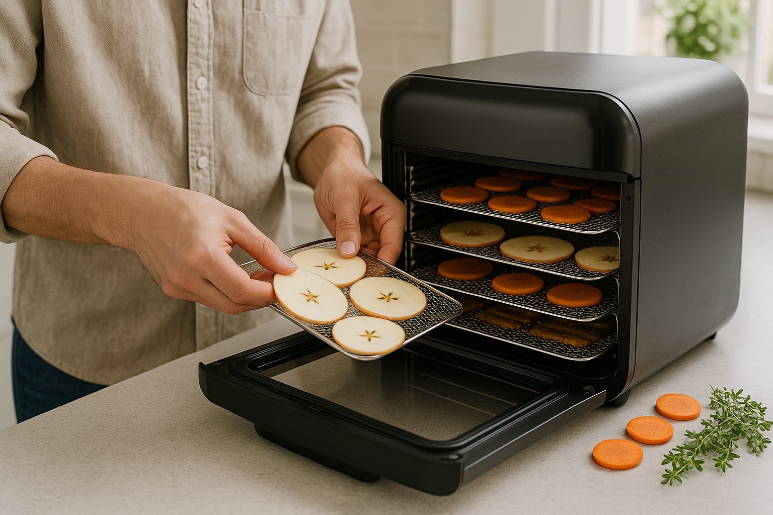 Žmogus deda vaisius į karšto oro gruzdintuvės padėklus džiovinimui