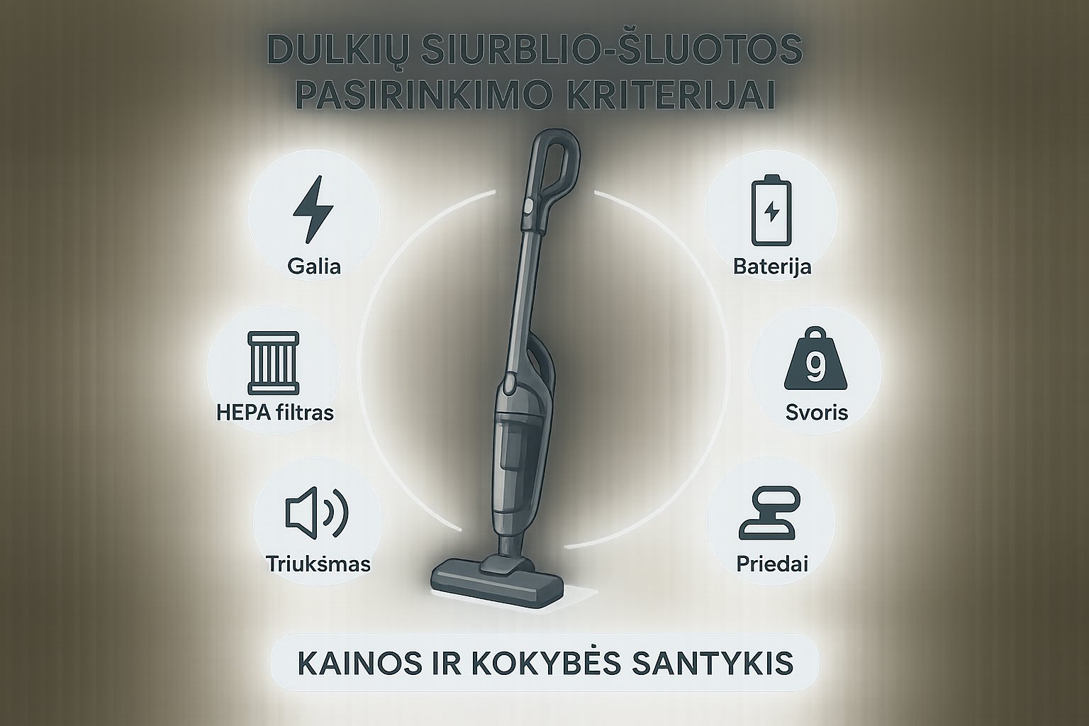 Infografika apie svarbiausius dulkių siurblio-šluotos pasirinkimo kriterijus