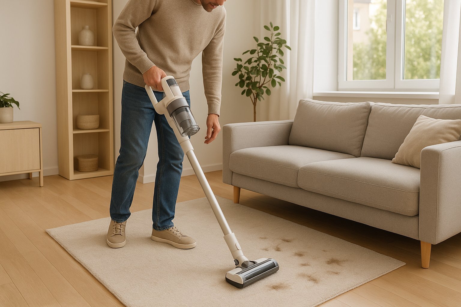 Belaidis dulkių siurblys-šluota patogiai valantis bute prie sofos ir ant kilimo