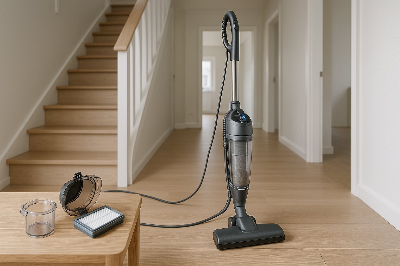 Laidinis dulkių siurblys-šluota didesniame name ir filtro priežiūros detalė