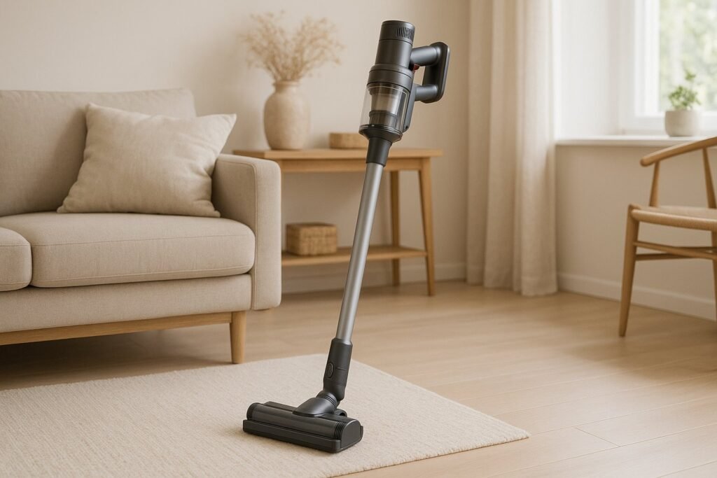 Modernus belaidis dulkių siurblys-šluota šviesiame kambaryje ant kietų grindų