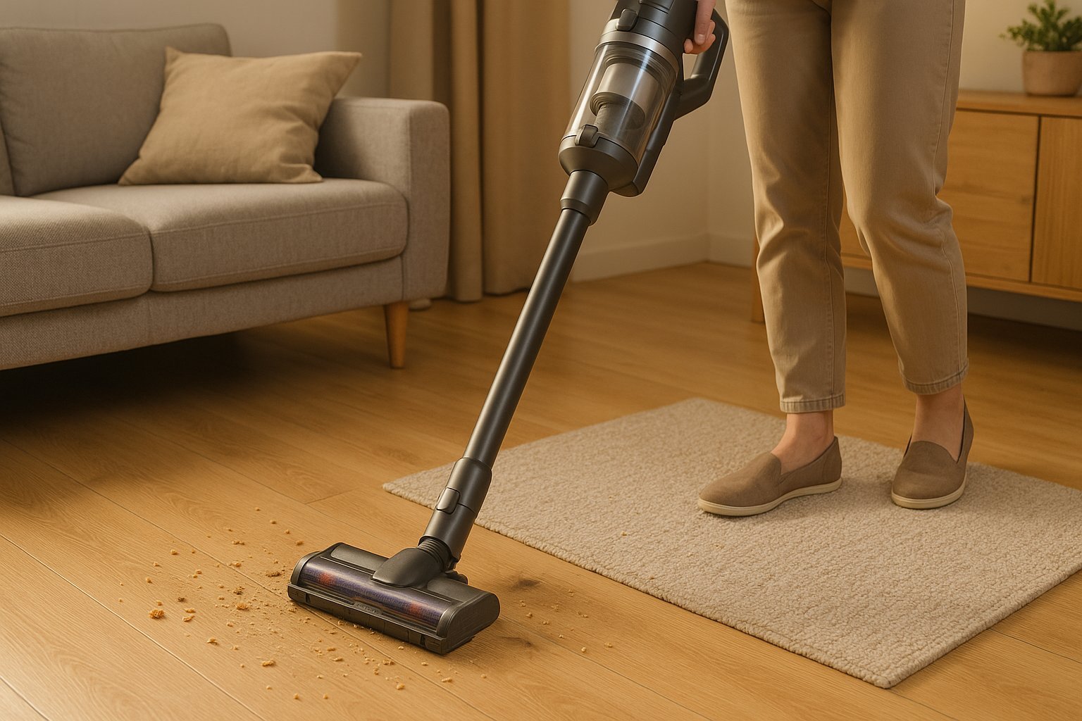 Belaidis siurblys-šluota realiame naudojime ant parketo ir kilimo su smulkiais nešvarumais