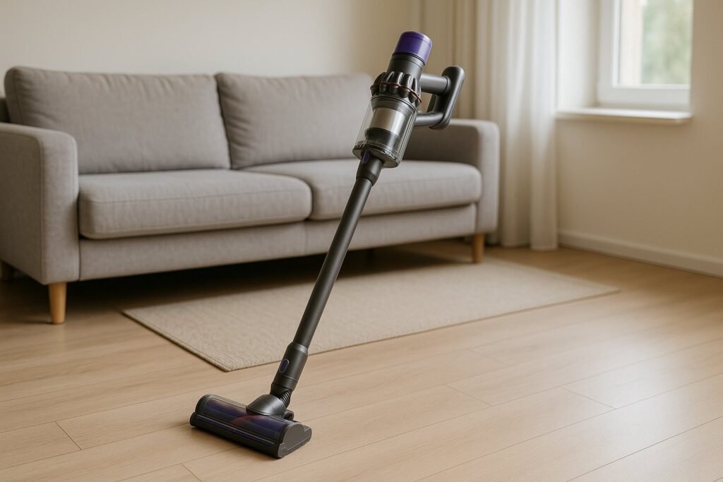 Dyson siurblys-šluota moderniame bute ant kietų grindų ir kilimo, skirtas produkto apžvalgai