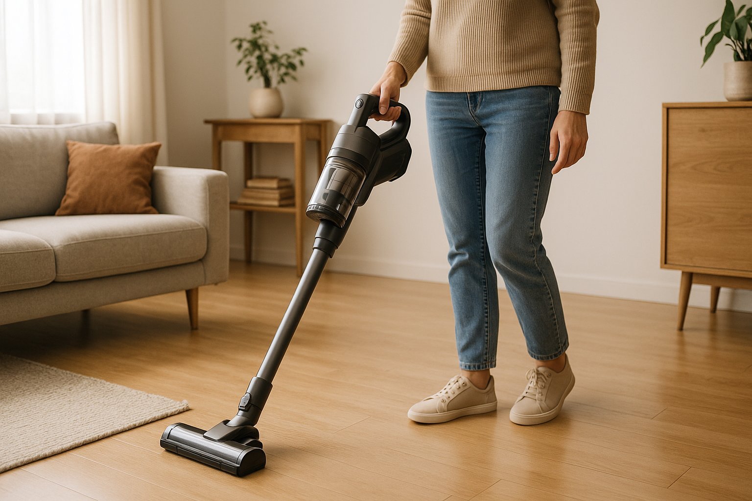 Akumuliatorinis dulkių siurblys-šluota bute ant skirtingų grindų