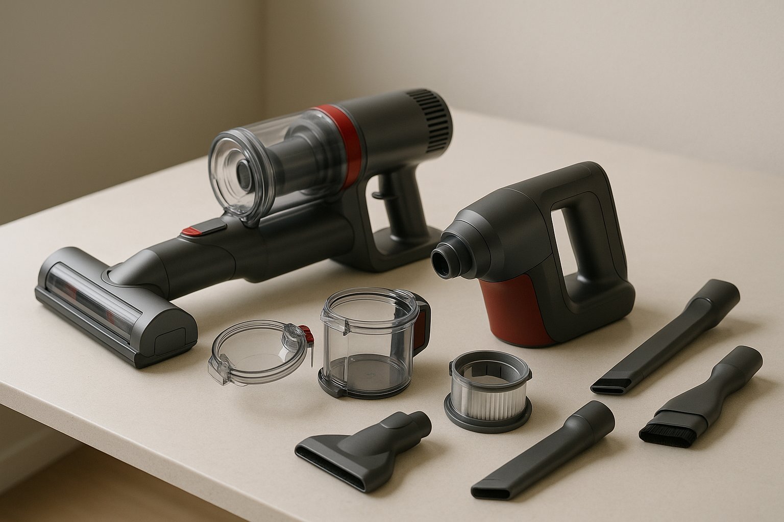 Dulkių siurblio-šluotos antgaliai, filtras ir priežiūra