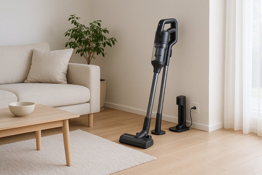 Modernus dulkių siurblys-šluota namų interjere