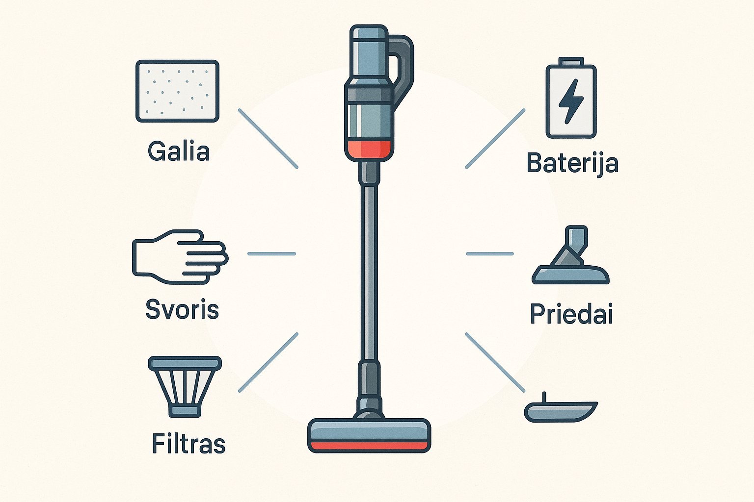 Infografika apie svarbiausius Miele siurblio-šluotos pasirinkimo kriterijus