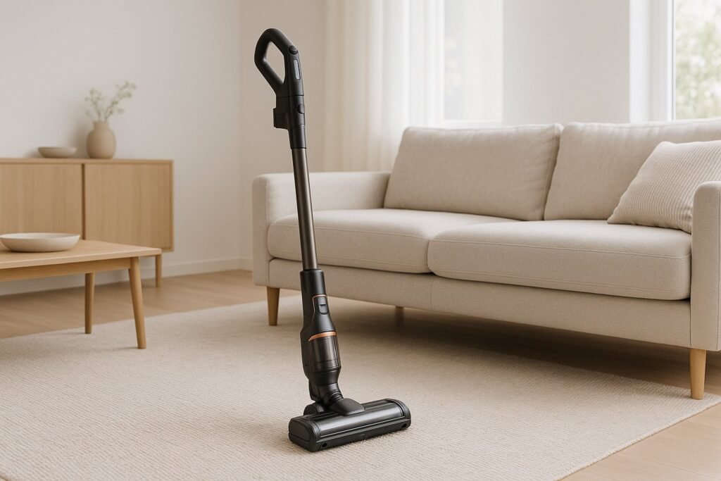 Moderniame kambaryje stovintis belaidis Miele siurblys-šluota