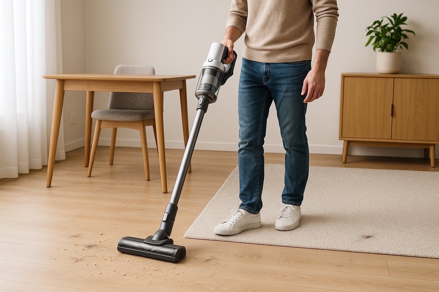 Belaidžio siurblio-šluotos naudojimas ant kietų grindų ir kiliminės dangos.