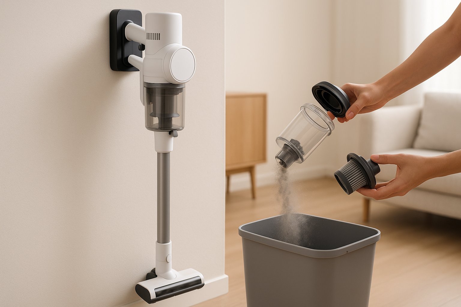 Belaidžio siurblio-šluotos įkrovimas ir dulkių talpos priežiūra po naudojimo.