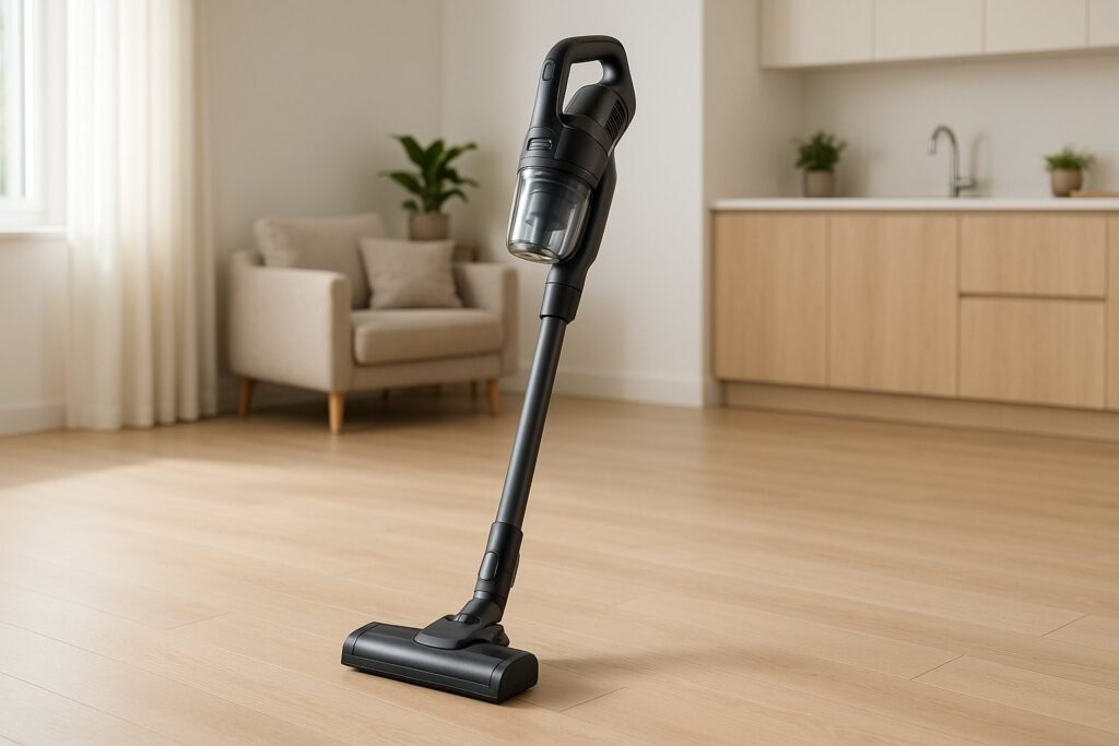 Philips siurblys-šluota modernioje namų aplinkoje ant kietų grindų.