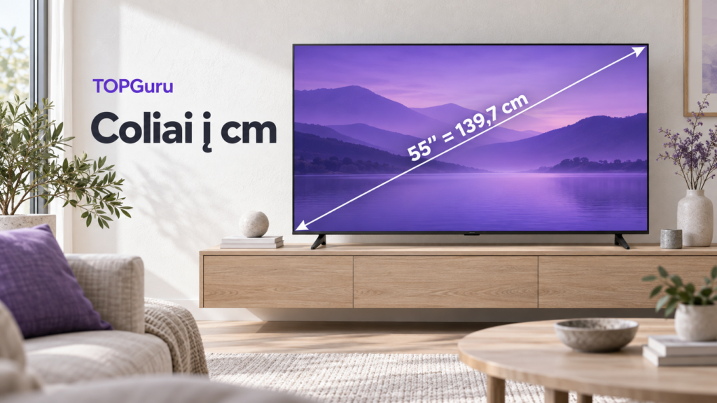 Coliai į cm: 55 colių televizorius svetainėje su pažymėta 139,7 cm ekrano įstrižaine