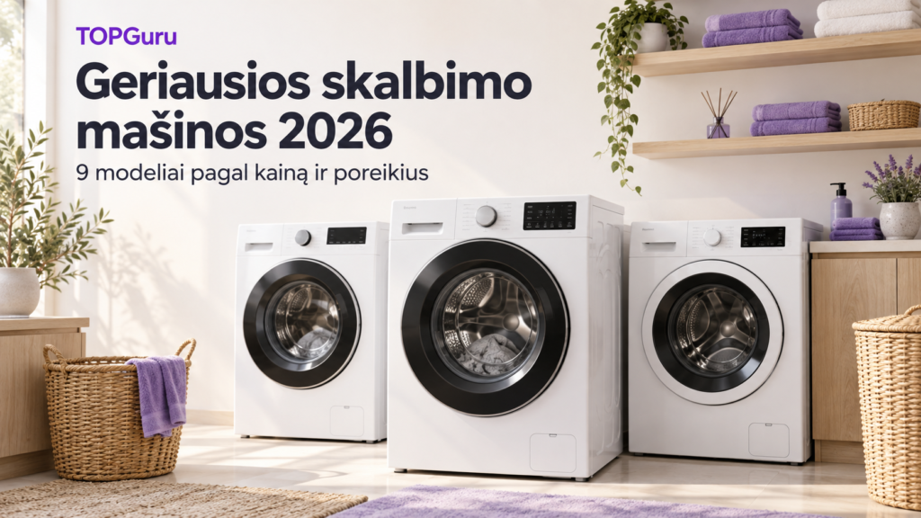 Geriausios skalbimo mašinos 2026: trys iš priekio kraunamos skalbyklės moderniame skalbimo kambaryje